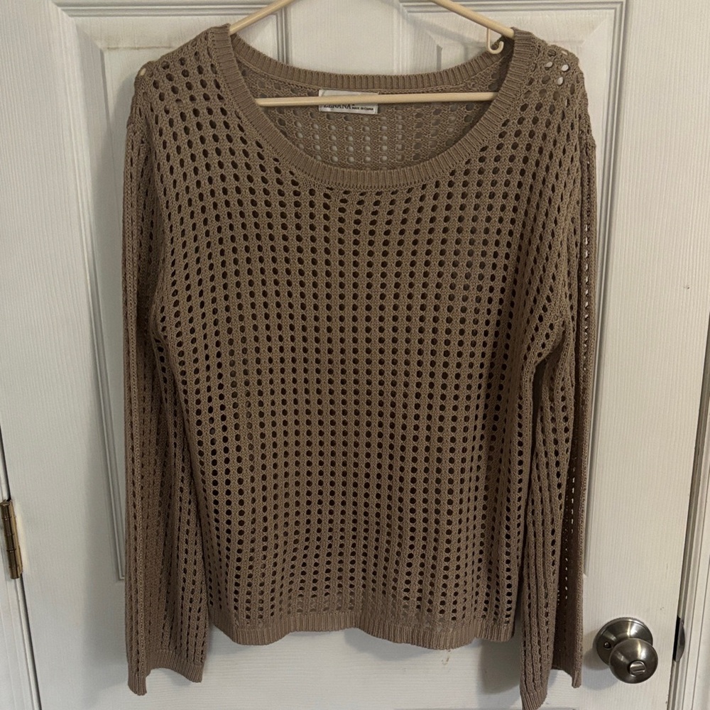 Zenana Outfitters Open-Knit Scoop Neck Sweater in Taupe - Picture 2 of 7